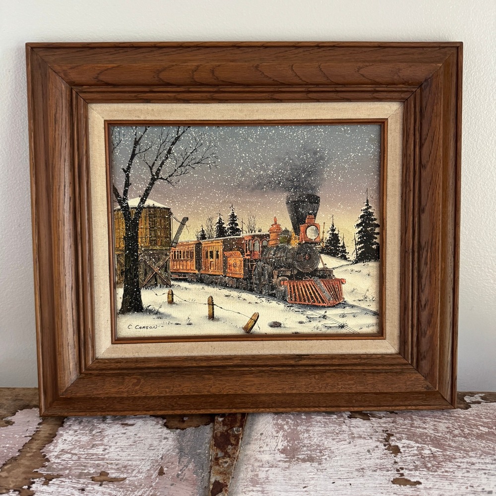 C. Carson Signed Oil Painting Vintage Steam Locomotive Train Winter Snow Scene